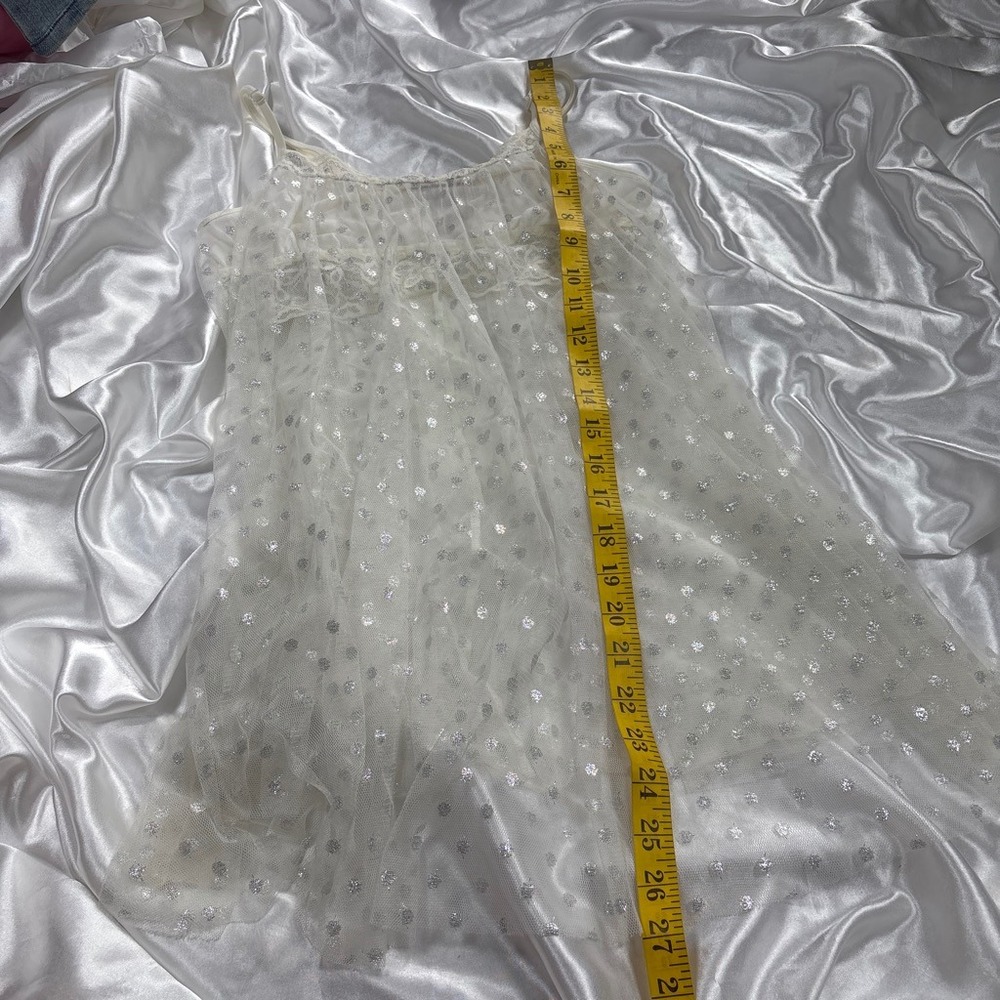 y2k Betsey Johnson Chemise White Excellent Silver Polka Dot Mesh Lace Trim S - Picture 6 of 6
